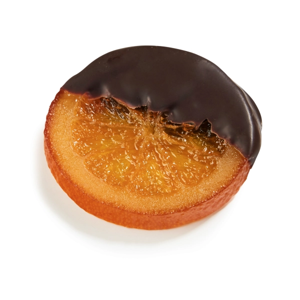 Sinaasappelschijven van Pralibel deels omhuld met pure Belgische chocolade