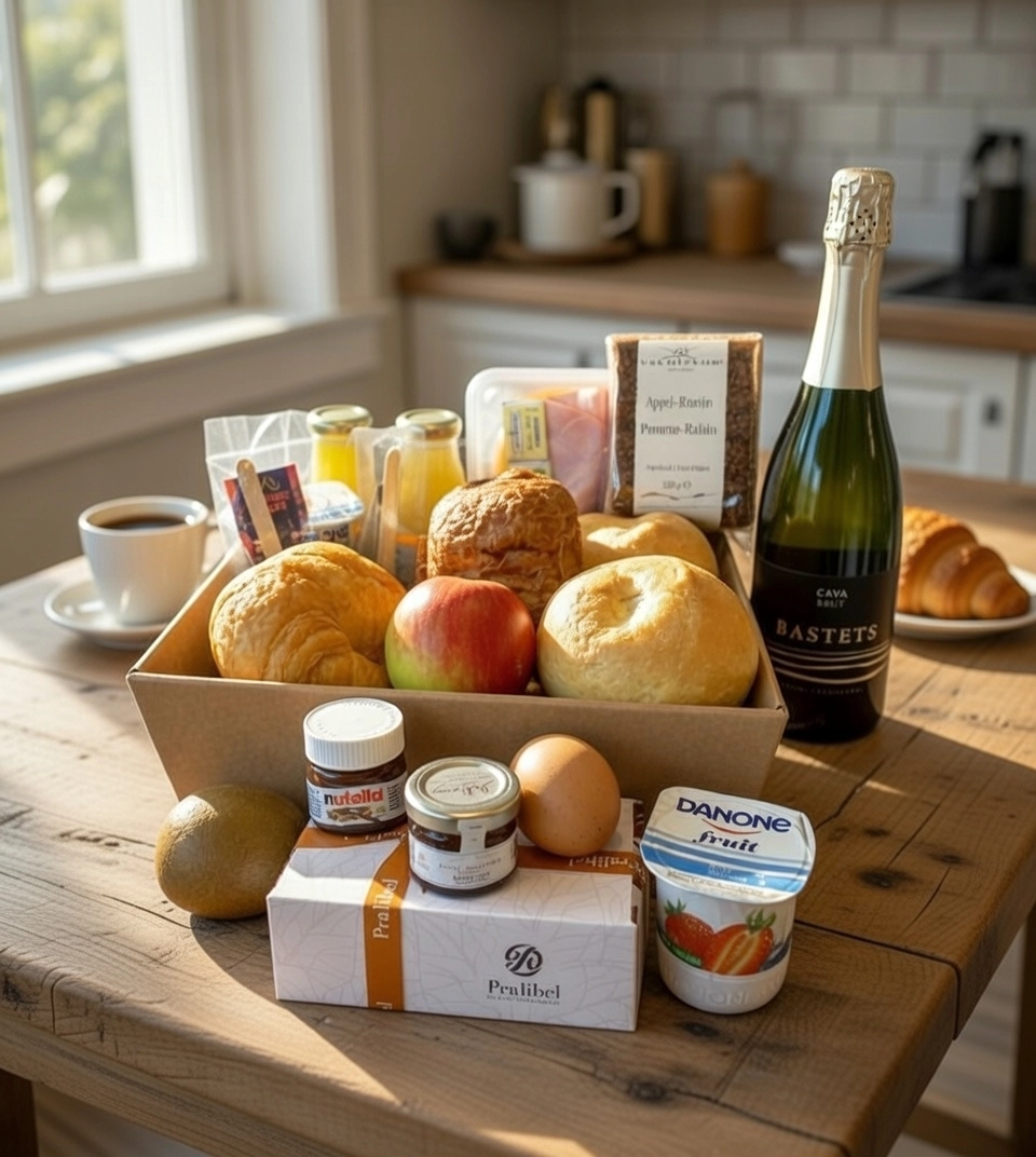 Luxe ontbijtmand met croissants, pralines en schuimwijn
