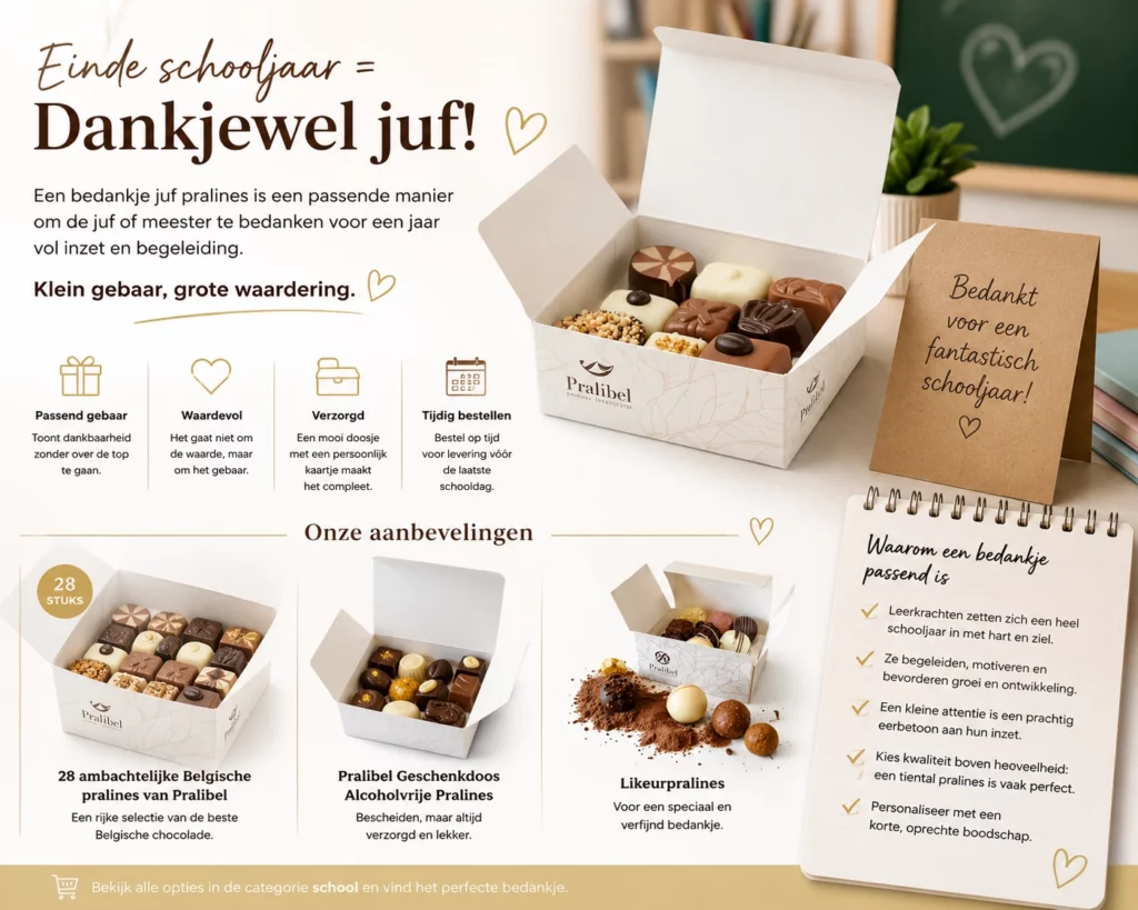 Bedankje voor de juf of meester: pralines als dank voor een mooi schooljaar